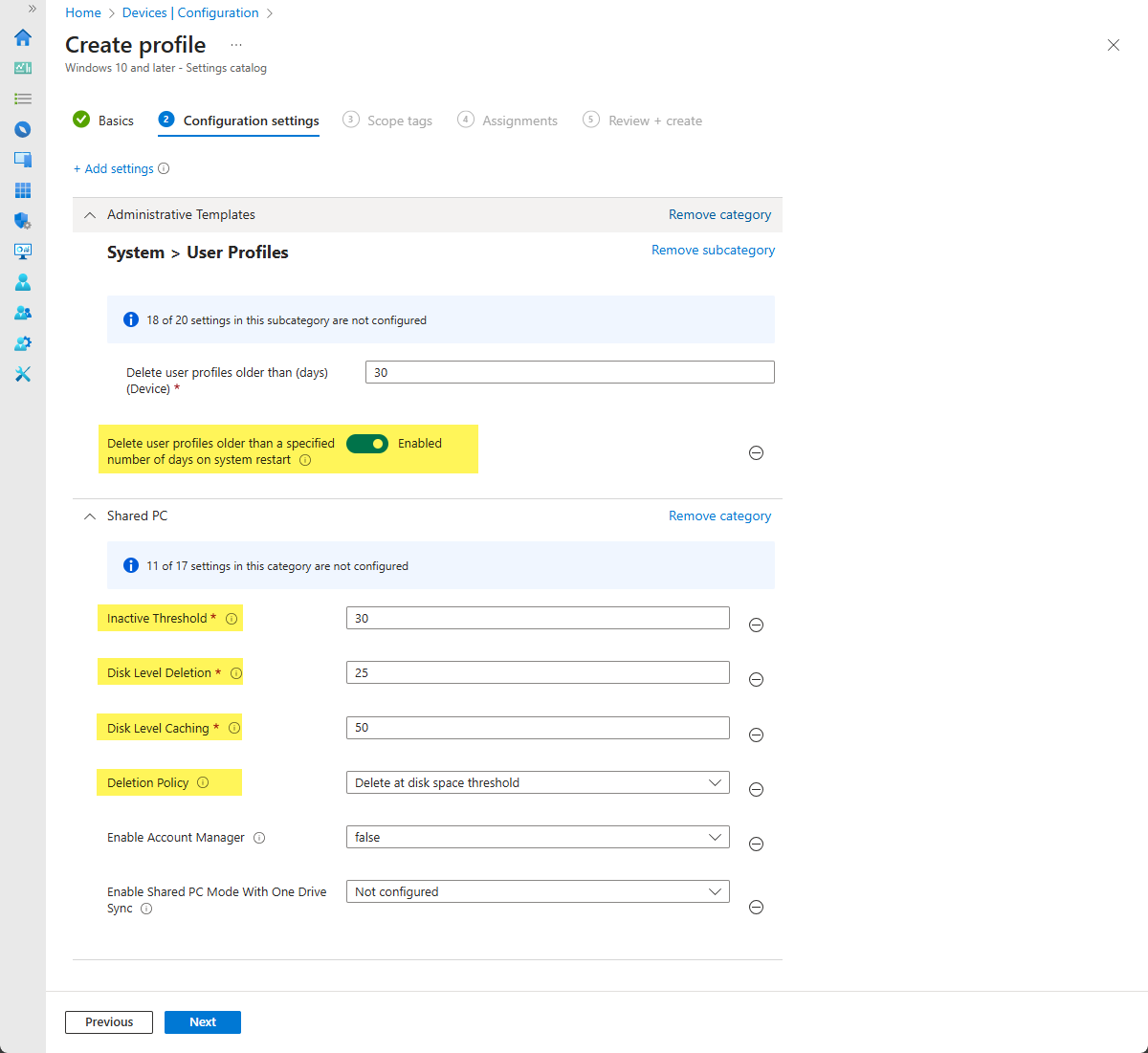 Intune Settings catalog: Shared PC account management settings